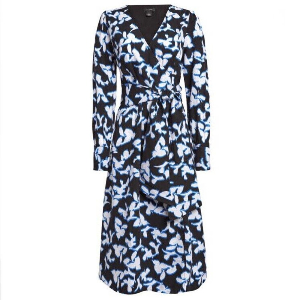 Halogen Black and White Floral-Print Midi Wrap Dress with Tie Waist